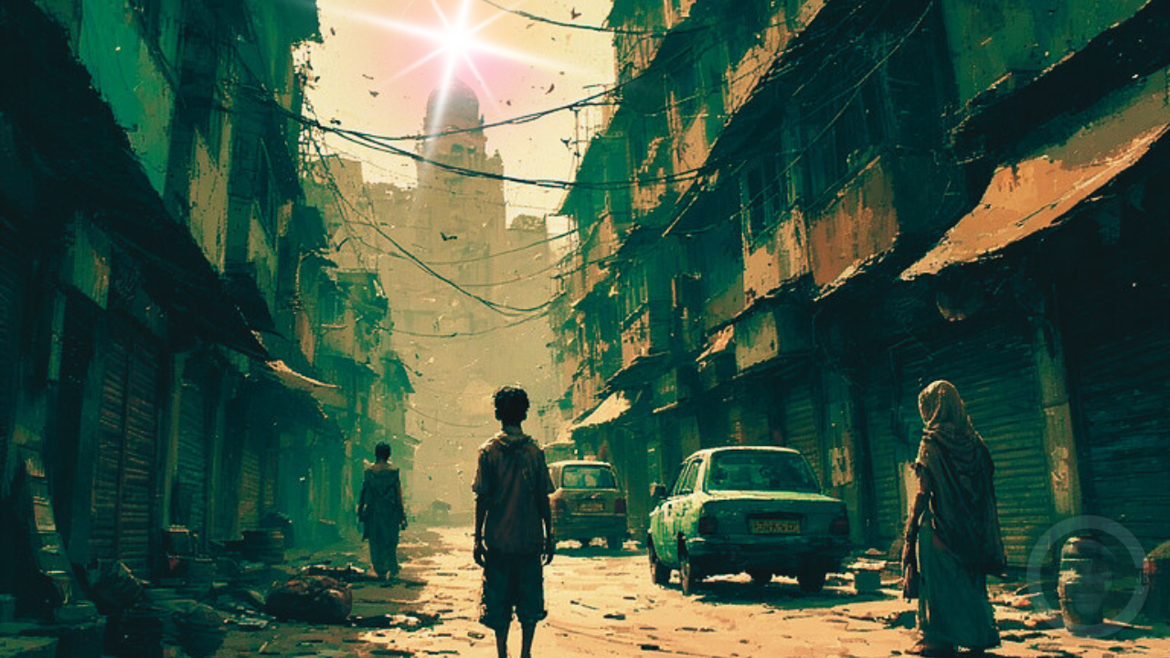 indian boy looking up to sparkle in sky