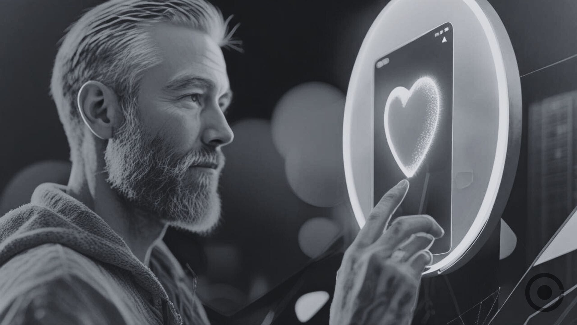 man touching a screen with a heart on it