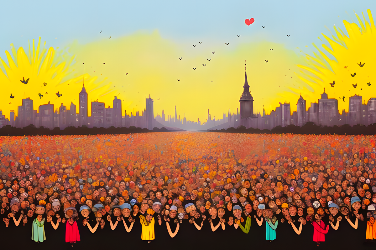 colorful image of a crowd filling a huge park in front of a city skyline lit by yellow sunshine and a red heart