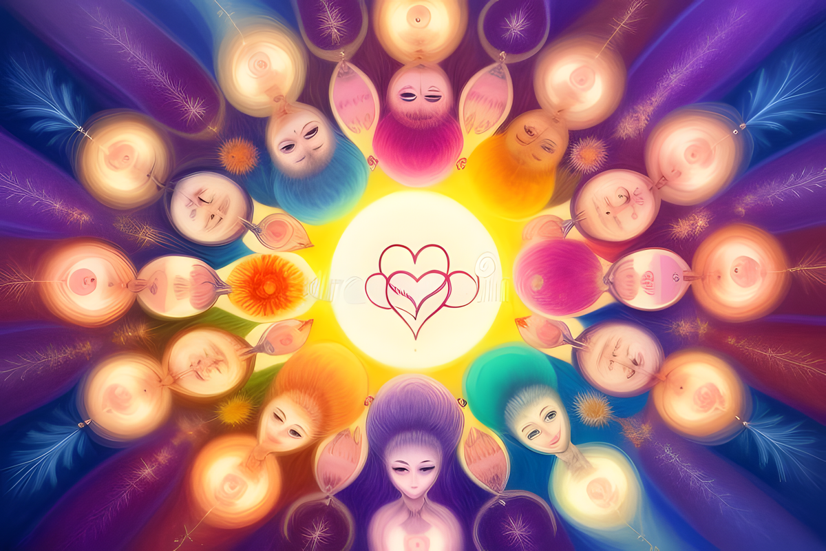 colorful image of a crowd of thousands of people in a tight circle holding each other and focusing on the center