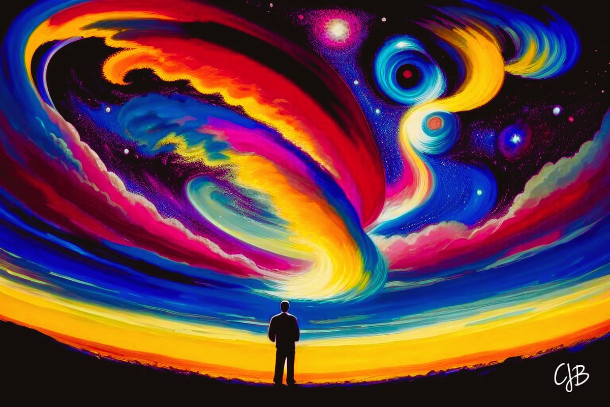 Meaning of CJB shown in colorful art of a man standing looking up at a sky of colors
