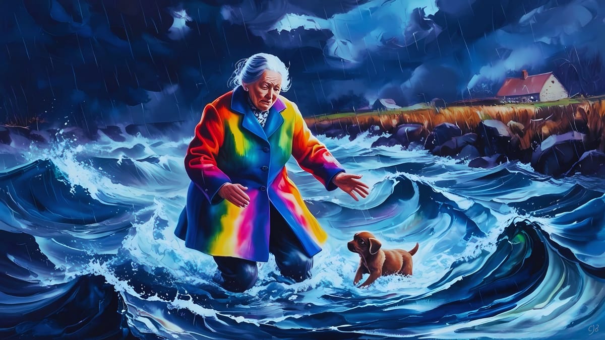 older woman rescuing a dog from a stormy river, cottage behind