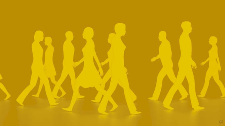silhouettes of people walking busily like bees all in yellow color