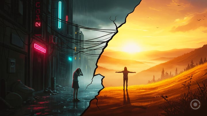 image of a person standing one in darkness and other is light