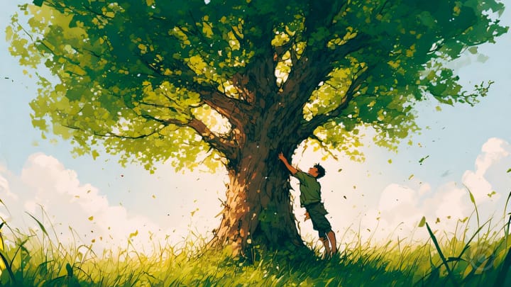 BOY REACHING FOR A BIRD IN A LONE TREE CLOUDY BLUE SKIES BEHIND