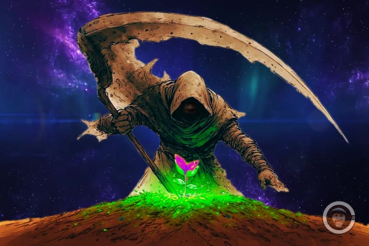 A soul led edited to death digital image of the reaper looking at a glowing green seed