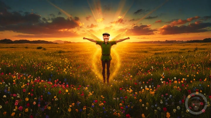 IMAGE OF CJB LOOKING LIKE PETER PAN ELF FLYING OVER FLOWERS