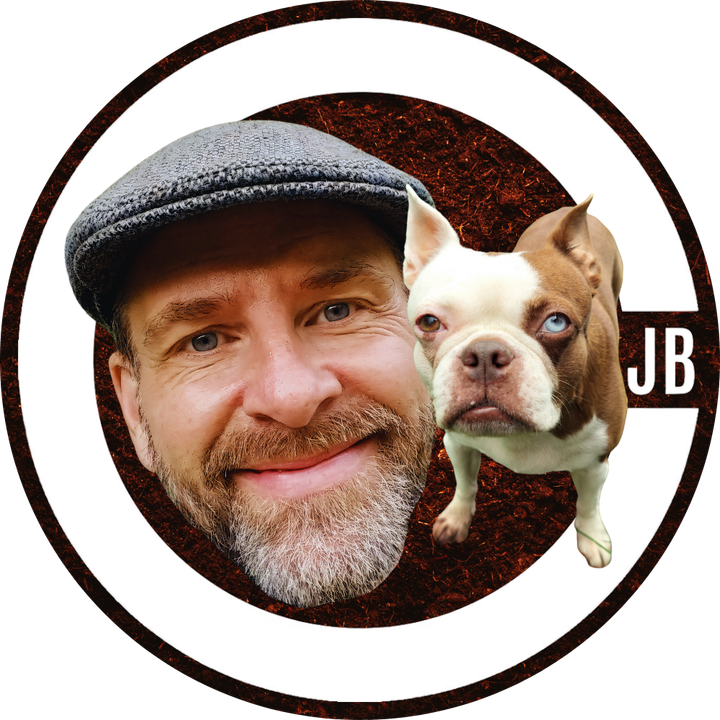 LOGO OF CJB AND BELLA HIS BROWN AND WHITE BOSTON TERRIER DOG
