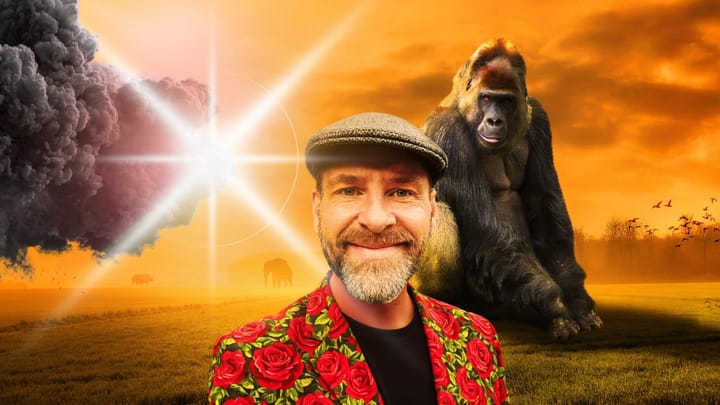 CJB ABOUT IMAGE OF CJB IN ROSES SUIT WITH FLAT CAP SMILING AND MONKEY AND SUN AND SMOKE BEHIND